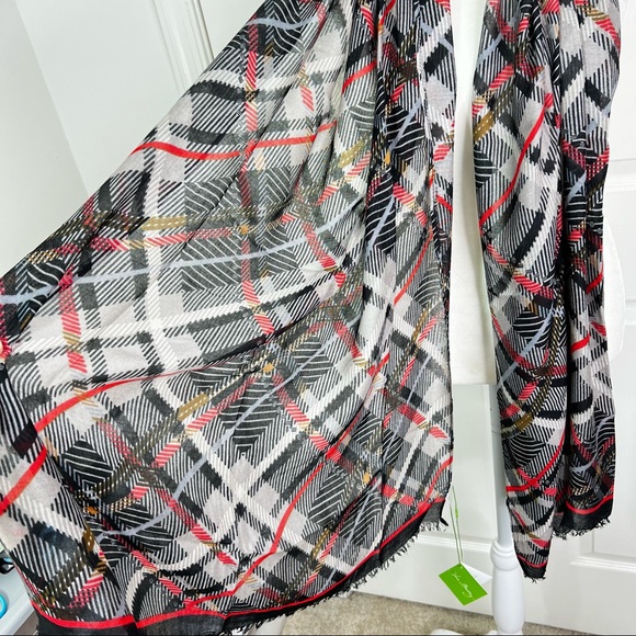 Vera Bradley Soft Fringe Scarf in Sofia Plaid Black Red 74”x25.5” - Picture 4 of 12